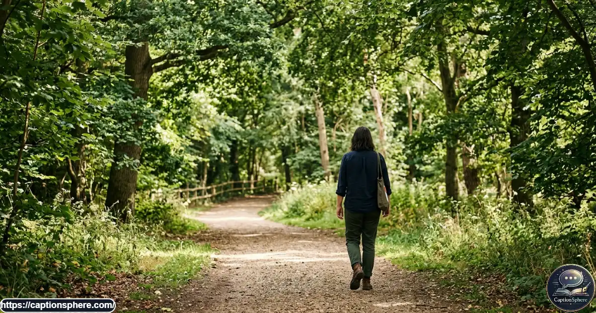 Person walking alone on a peaceful park path beneath mature green trees.