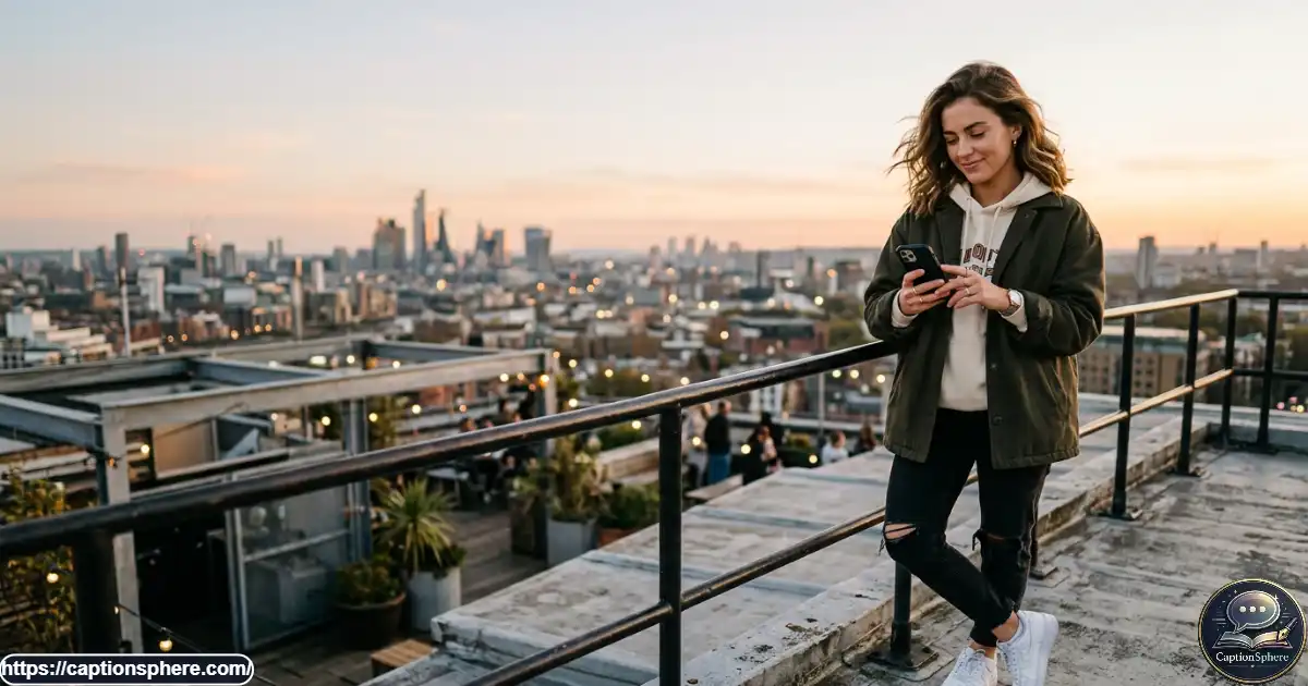 Stylish young adult checking a smartphone on an urban rooftop at golden hour