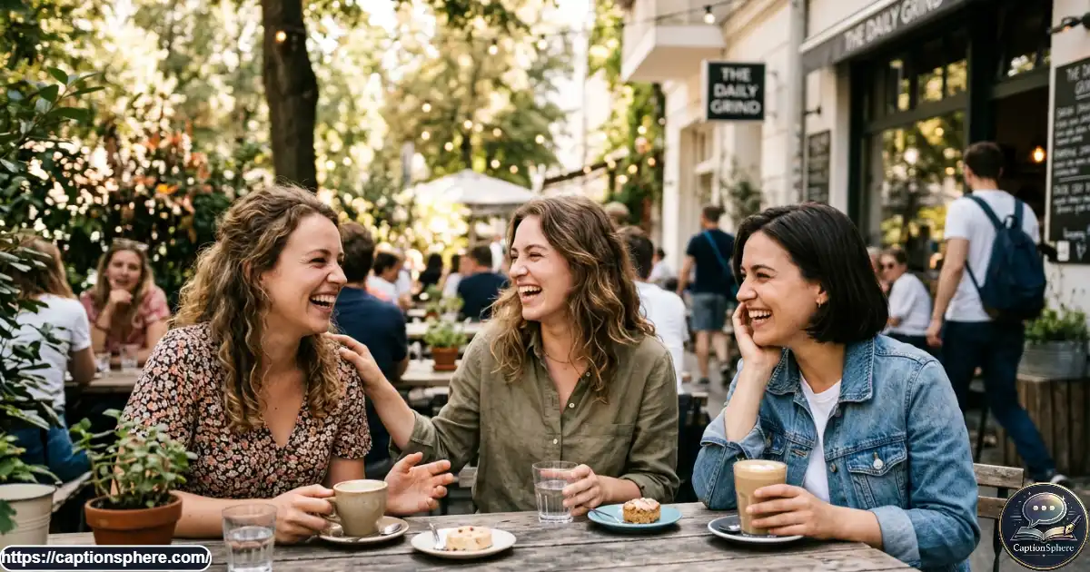 Friends laughing naturally together during a spontaneous outdoor photo

