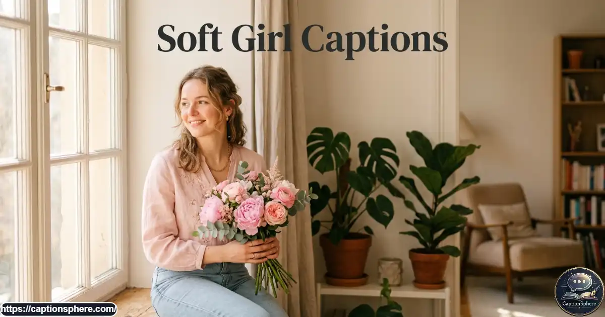 Young woman in a pastel outfit holding pink flowers in soft natural light.