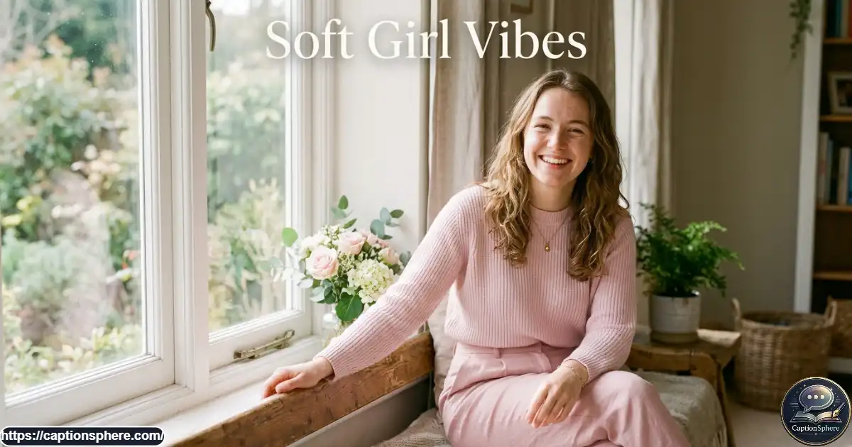 Young woman smiling in a pastel pink outfit beside a bright window.