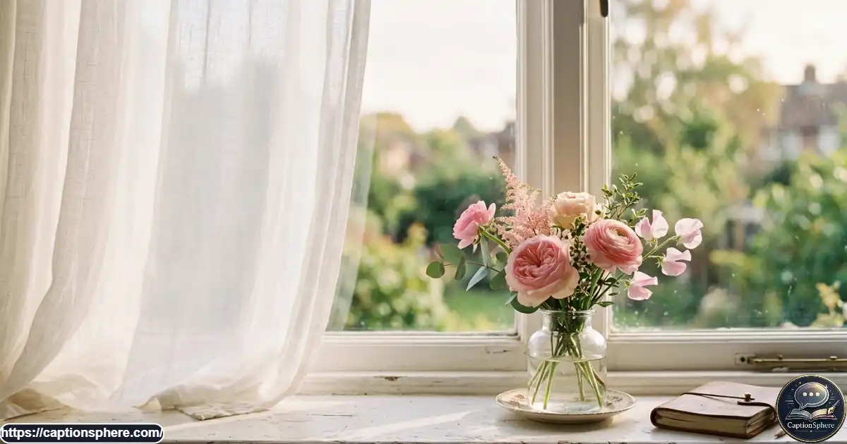 Pink flowers beside a window with dreamy afternoon light and pastel tones