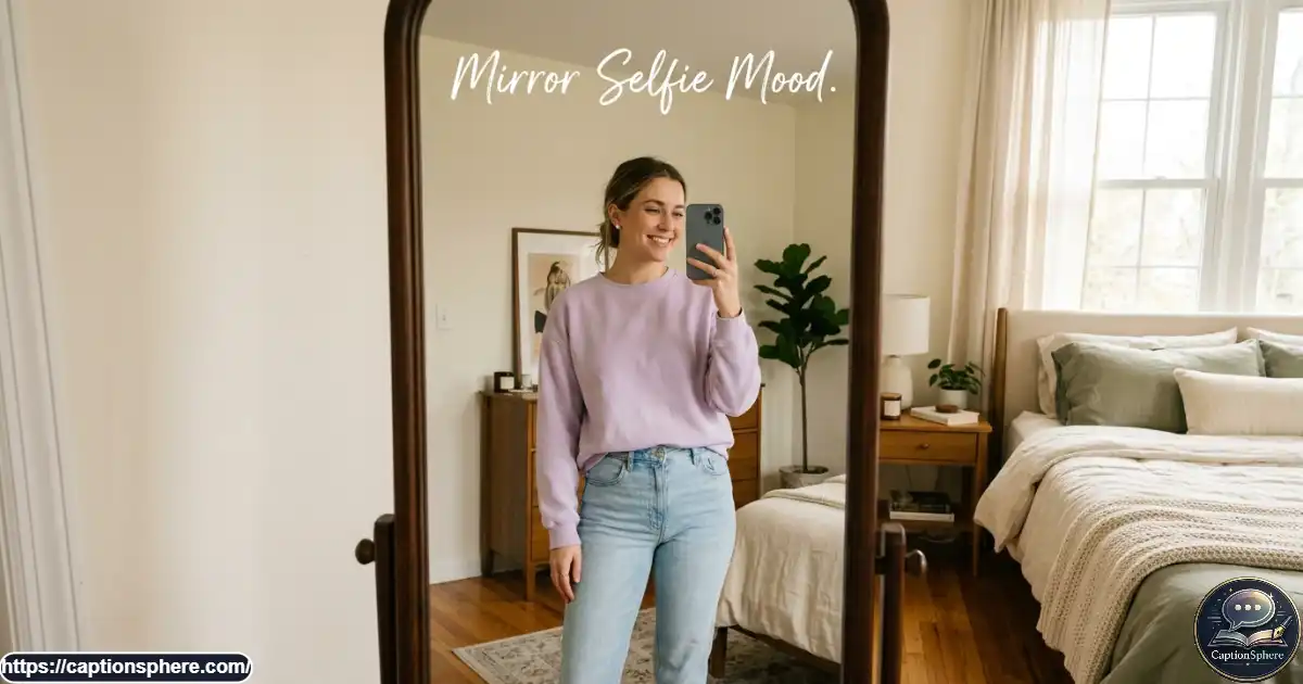 Young adult woman taking a casual mirror selfie in a soft pastel outfit.