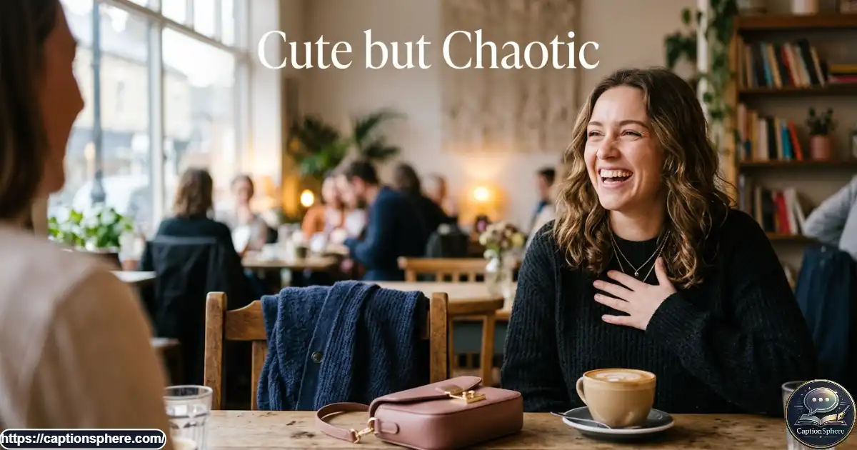 Young adult woman laughing at a café table with coffee and a pink handbag.