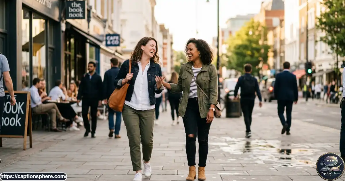 Two best friends laughing together outdoors in sunglasses and casual outfits.