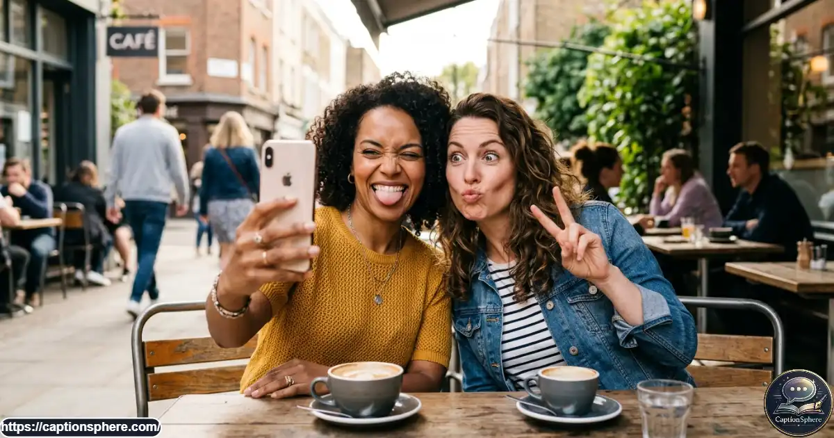 Two friends making playful faces while taking a selfie together at a café.

