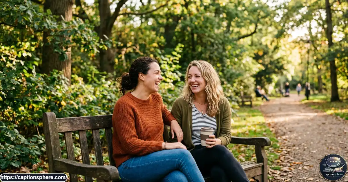 Two close friends sitting together on a park bench and smiling warmly.

