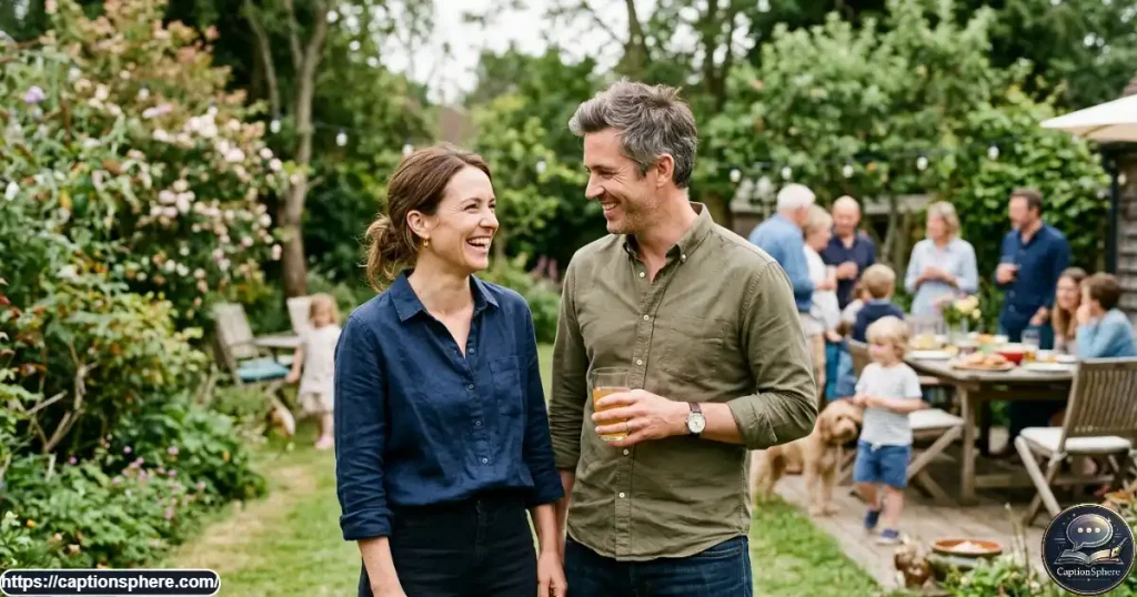 Two adult siblings smiling together outdoors during a relaxed family gathering.

