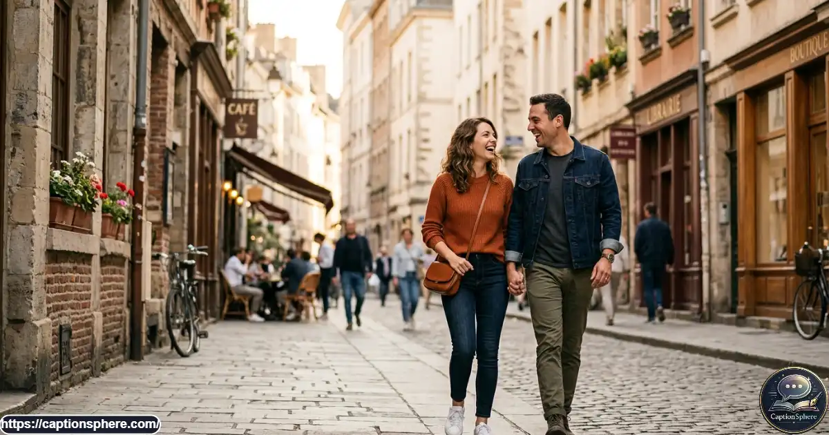 A couple laughing together during a casual outdoor date on a city street.

