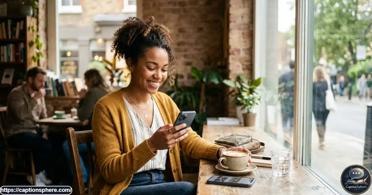Confident young adult enjoying a solo café moment with a phone and coffee