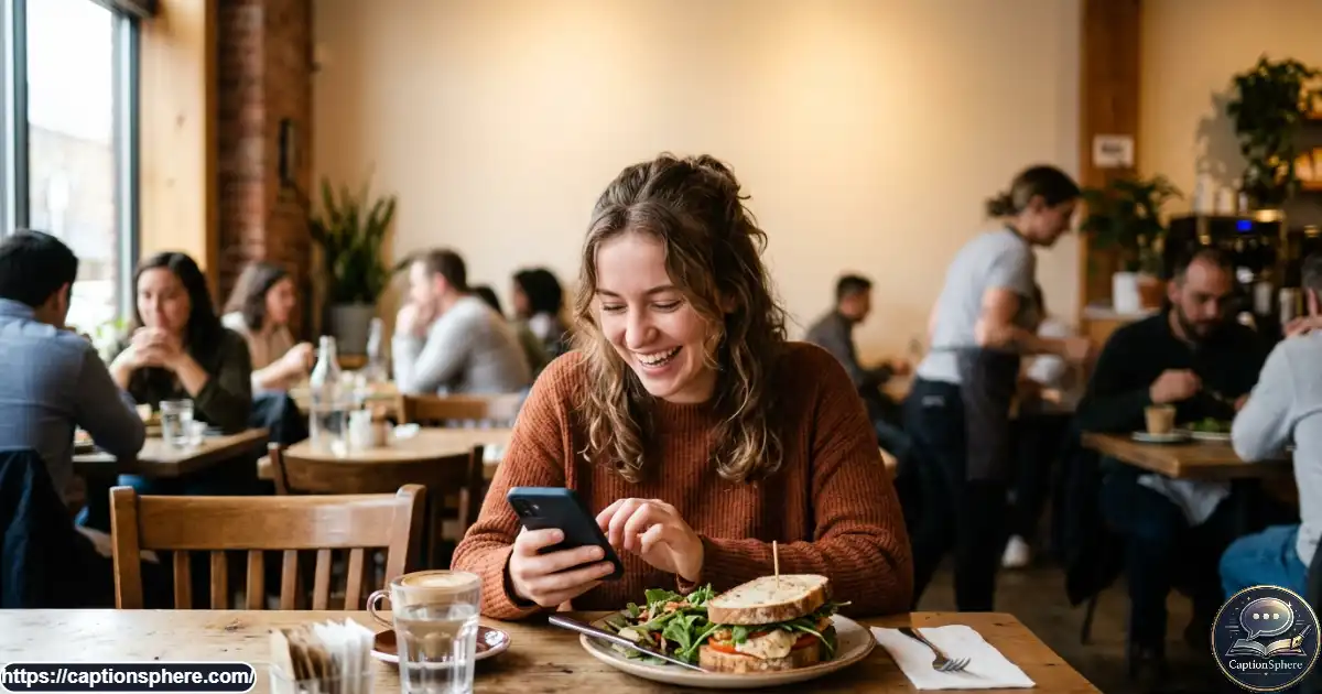 Smiling young adult enjoying a solo restaurant meal with a playful expression