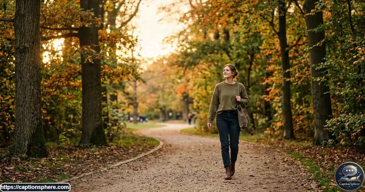 Thoughtful young adult walking alone on a peaceful tree-lined park path
