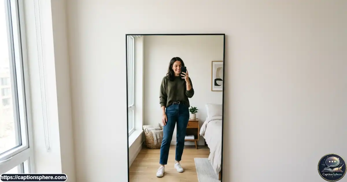 Young adult taking a casual full-length mirror selfie in a tidy modern room