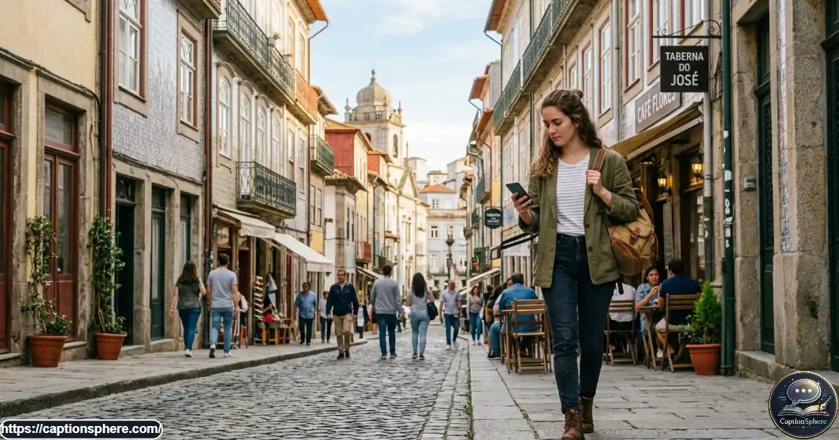 Solo traveler exploring a charming city street with a phone and small day bag