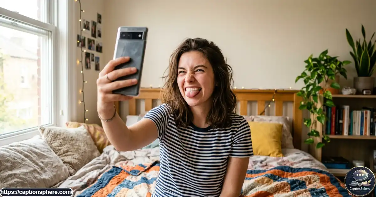 Young adult making a playful expression while taking a selfie with a smartphone.