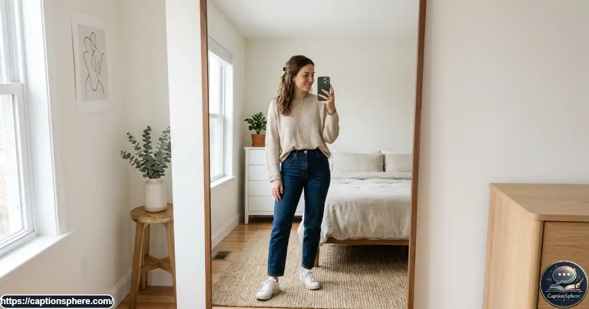 Stylish young adult taking a full-length mirror selfie in a modern bedroom.