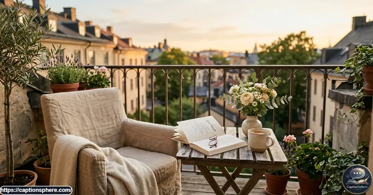Sunlit balcony with a linen chair, flowers, an open book, and a coffee cup.