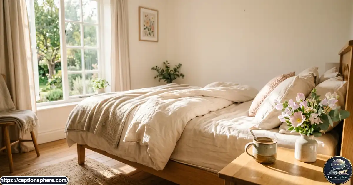 Cozy cream bedding, pastel flowers, and a warm drink beside a sunny window.