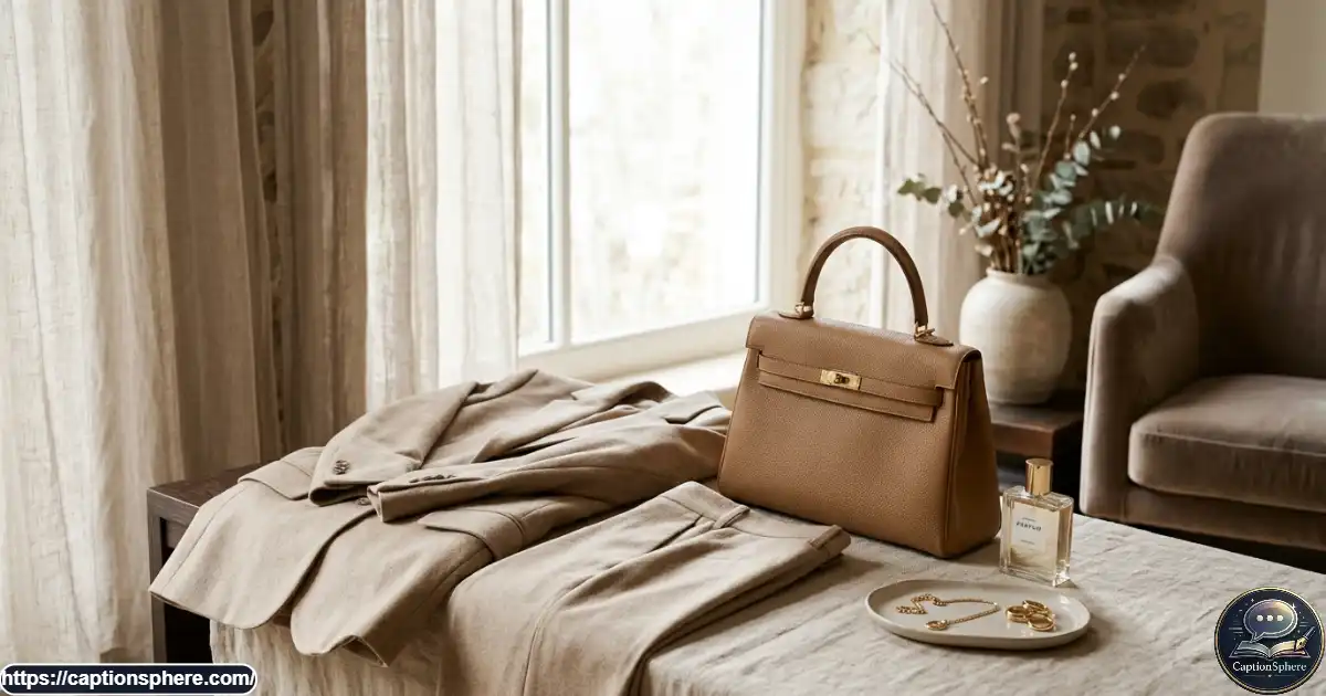Elegant neutral outfit arranged beside a leather handbag and understated jewelry