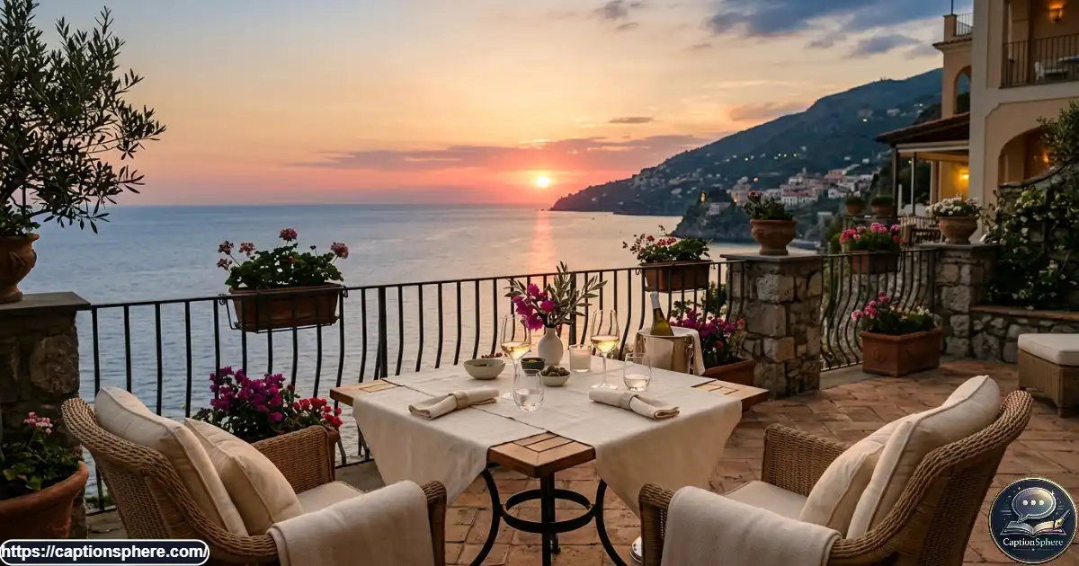 Elegant hotel terrace with a table setting, linen napkins, and a glowing sunset.