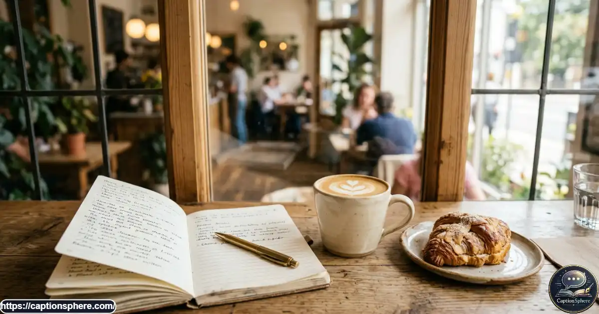 Ceramic latte on a café table beside a journal and a sunlit window