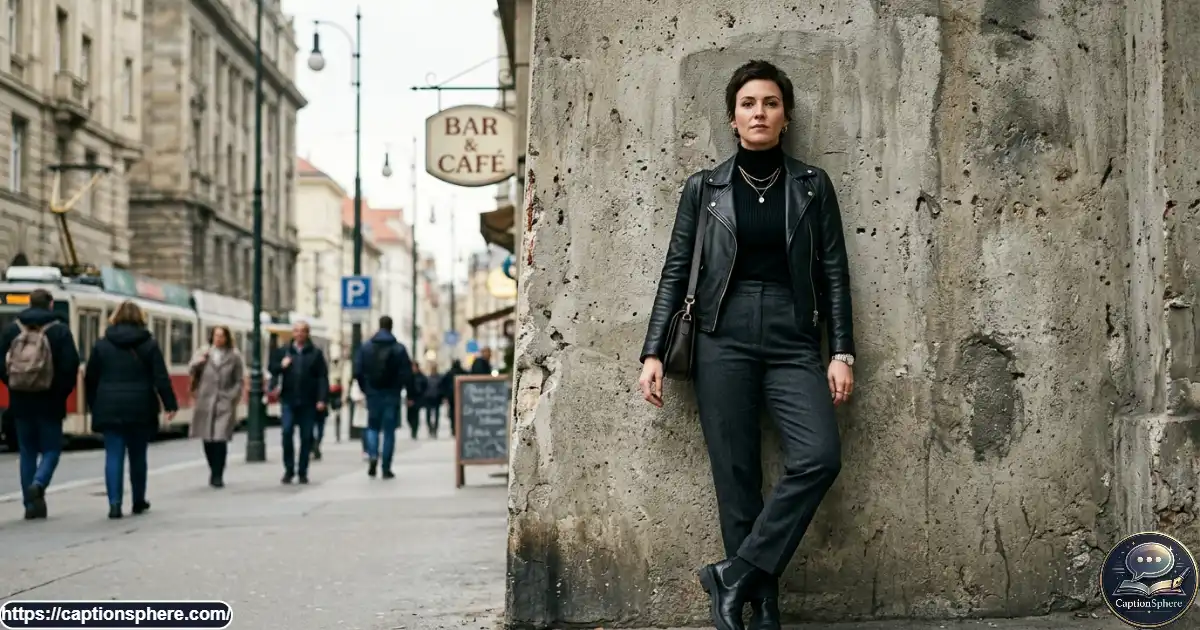 Self-assured woman leaning against a concrete wall with a direct gaze and confident urban styling.
