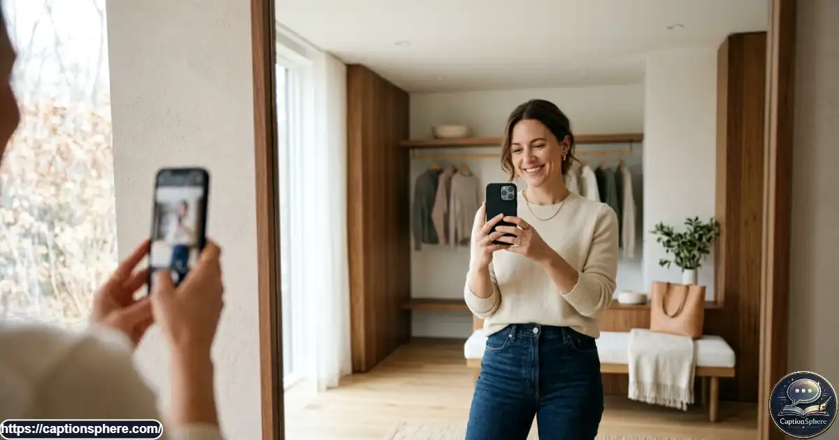 Confident woman taking a mirror selfie in a minimal modern dressing room with natural lighting.