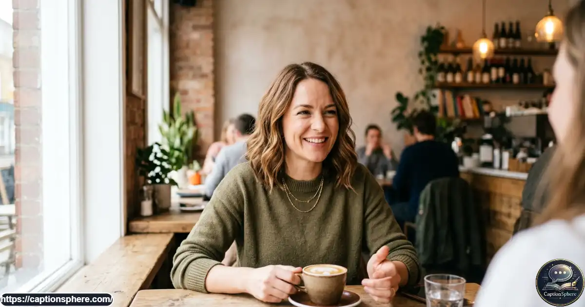 Smiling woman making a playful expression in a bright modern cafe with casual stylish clothing.