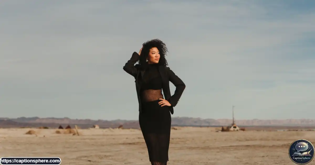 Confident stylish woman in a black outfit for a bold Instagram caption collection.
Image Prompt: