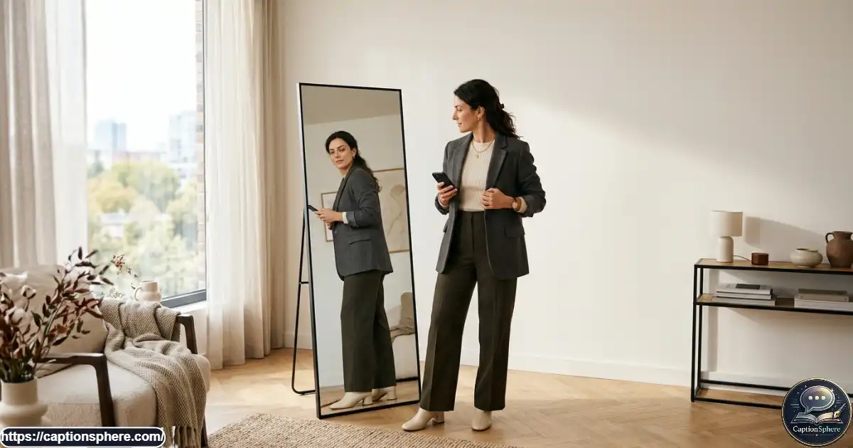 Fashionable woman checking her complete outfit in a full-length mirror in a modern apartment.