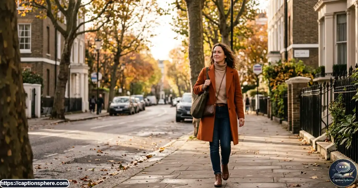 Confident adult woman enjoying a peaceful solo moment on a sunlit city street.