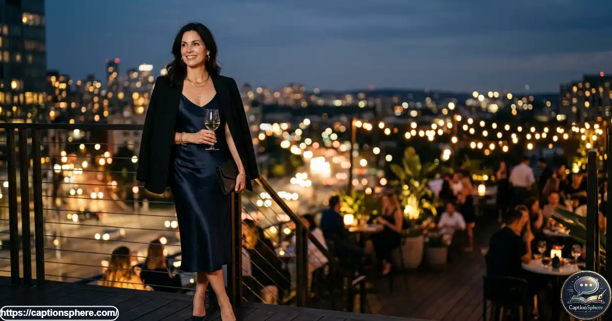 Stylish adult woman in an evening outfit beneath soft city lights before a night out.