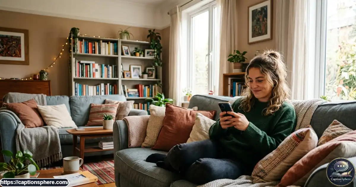 Young adult making a playful expression while checking a smartphone at home.