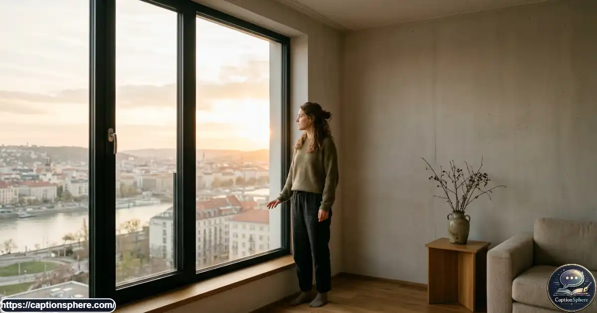 Peaceful portrait beside a sunlit window with warm light and minimalist surroundings.
