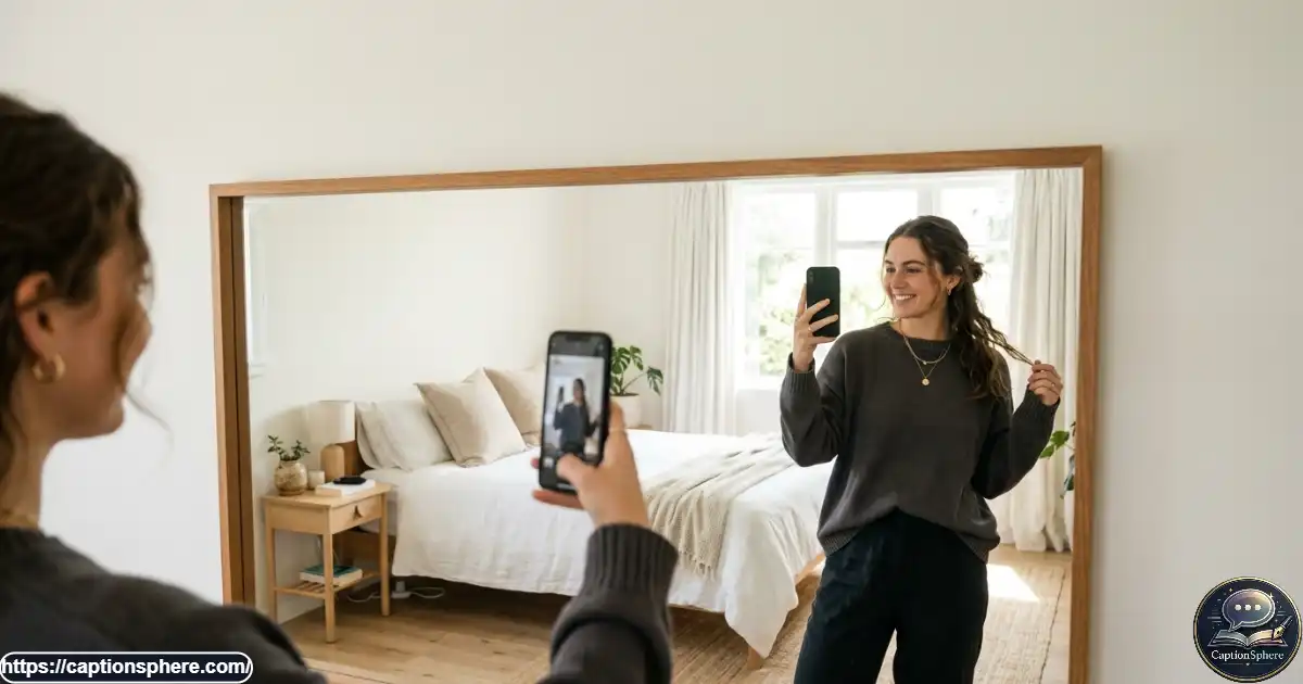 Young adult taking a relaxed mirror selfie in a bright minimalist bedroo