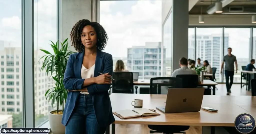 Confident professional celebrating personal progress in a modern workspace
