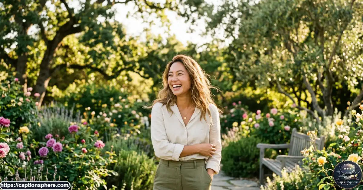 A cheerful young woman smiling outdoors in warm afternoon sunlight with a relaxed, natural expression.