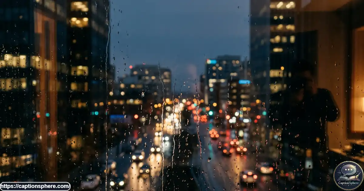 Dreamy city lights reflected on a rain-covered window with soft focus and muted evening colors