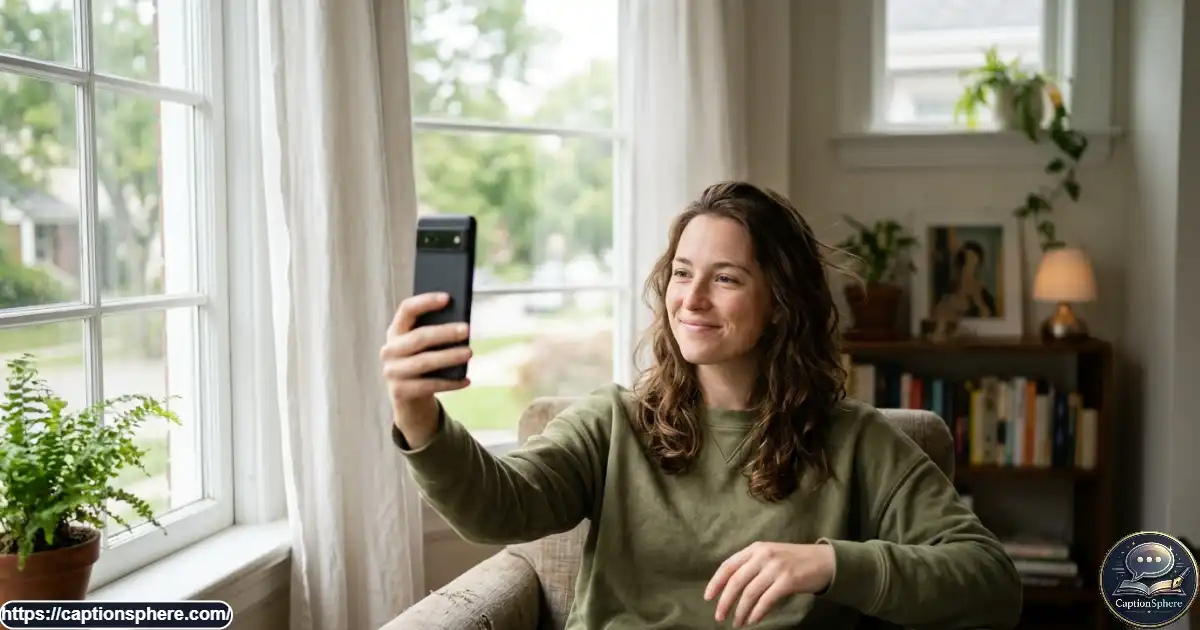 Young adult taking a casual selfie indoors with natural window light and a slightly blurred background