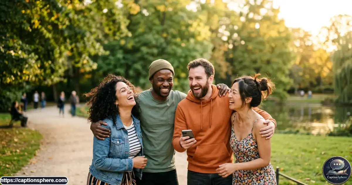 Group of friends laughing outdoors during a spontaneous group photo in warm afternoon