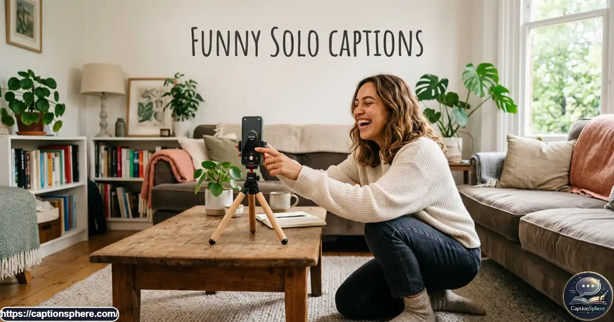 Young adult laughing while setting a phone timer for a playful solo photograph in a living room.