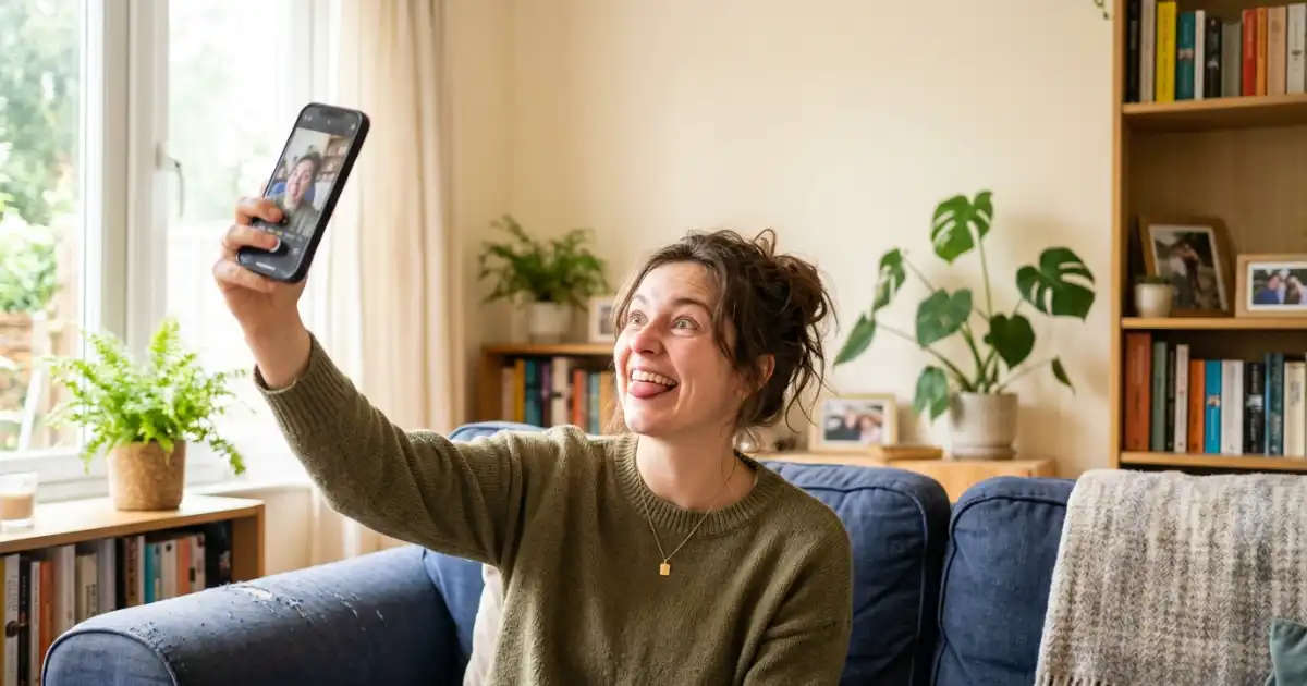 Young adult making an exaggerated funny face while taking a selfie indoors.