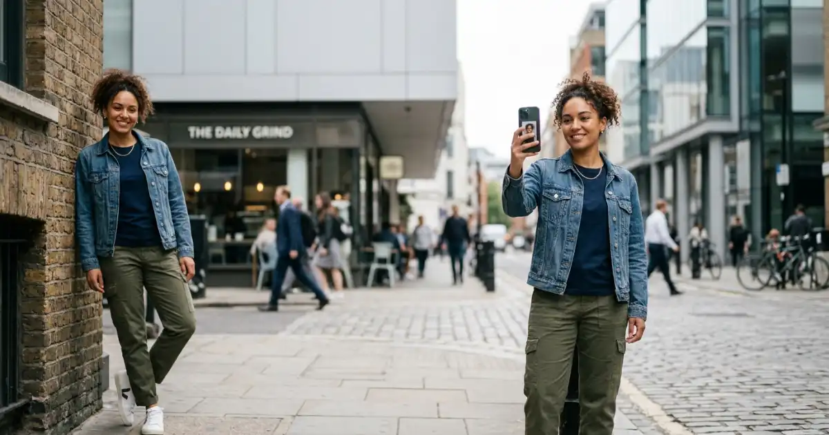 Confident young adult taking a portrait selfie on a modern city street.