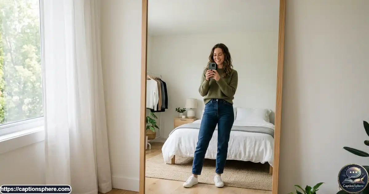 Young adult photographing a casual outfit in a full-length bedroom mirror.