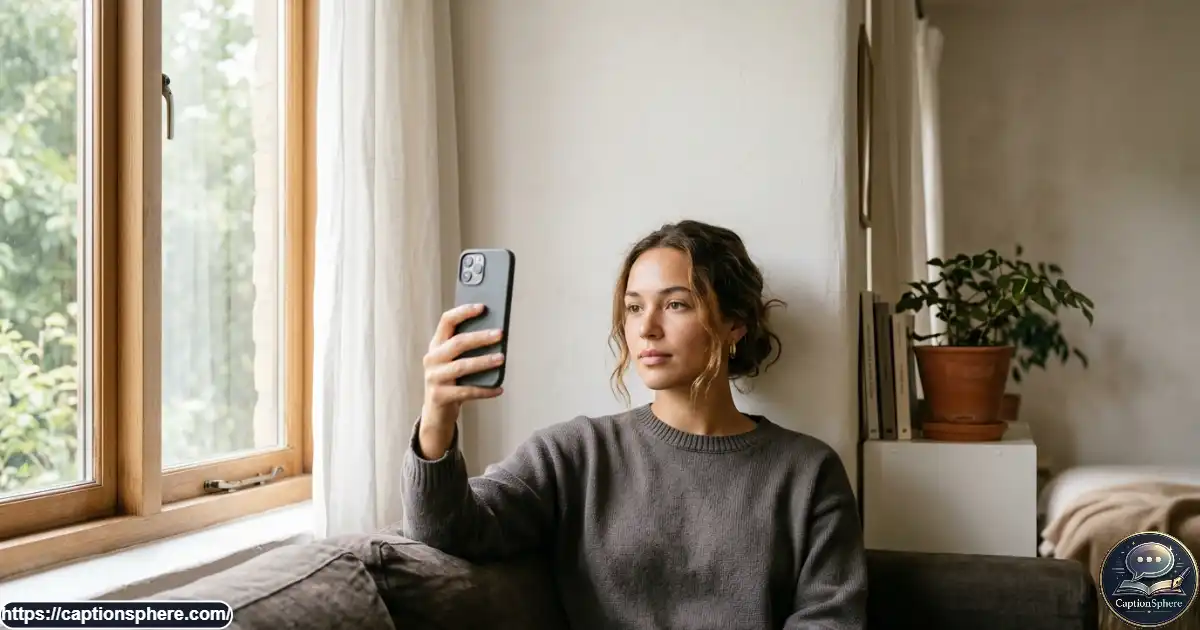 Minimalist portrait selfie beside a bright window with soft shadows and neutral tones.