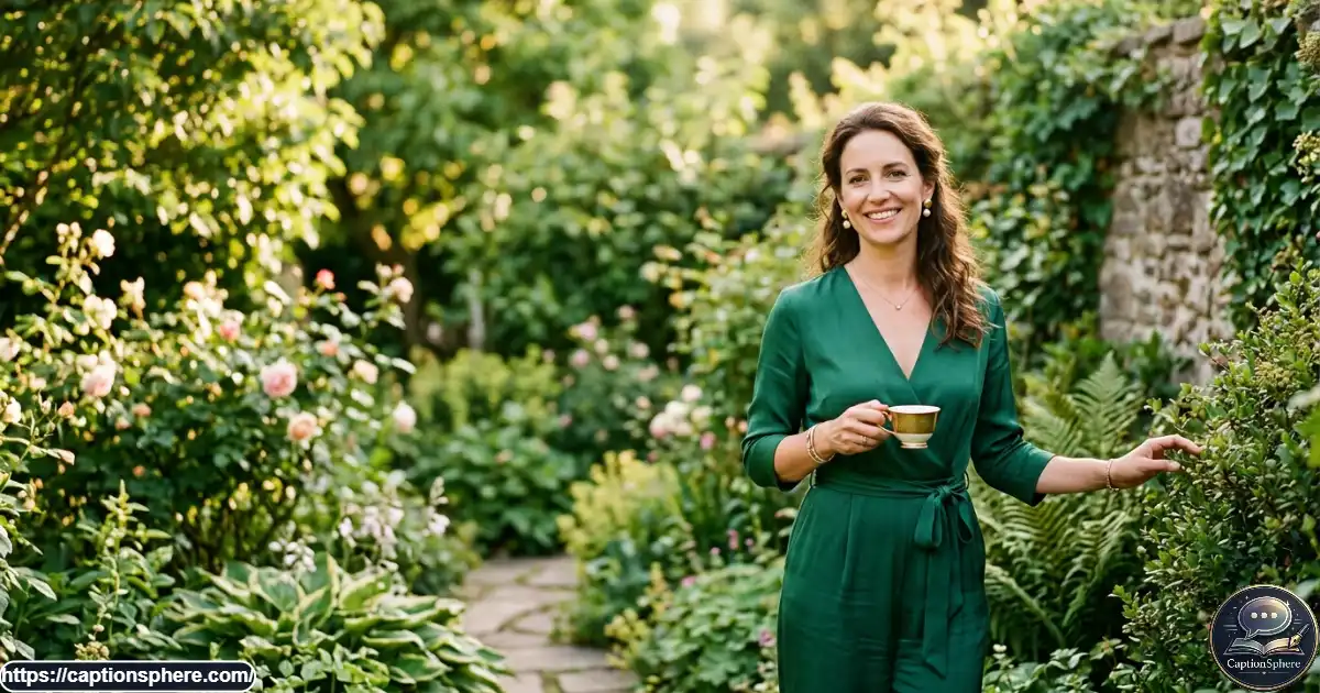 Woman wearing an elegant emerald green outfit in a lush garden setting.