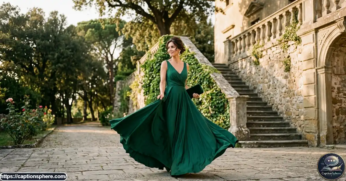 Full-length fashion photograph of an emerald green formal outfit at an elegant outdoor event.