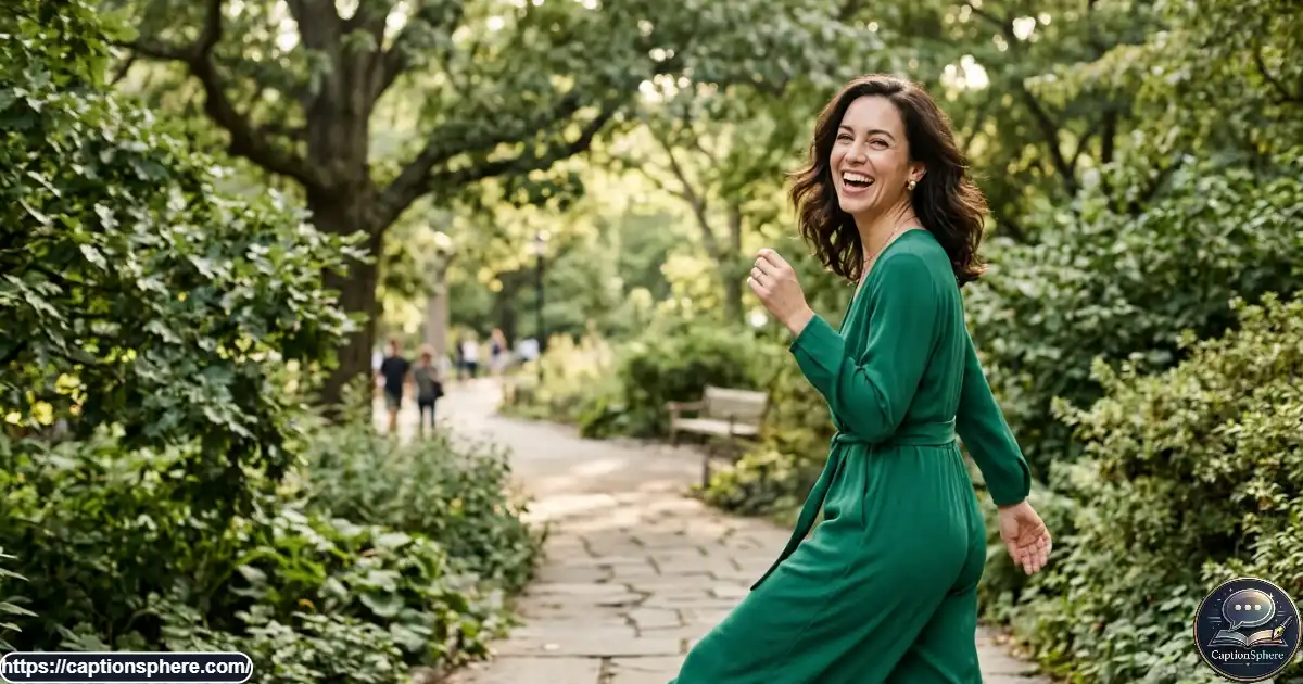 Smiling woman in an emerald green outfit enjoying a playful outdoor fashion photo.
