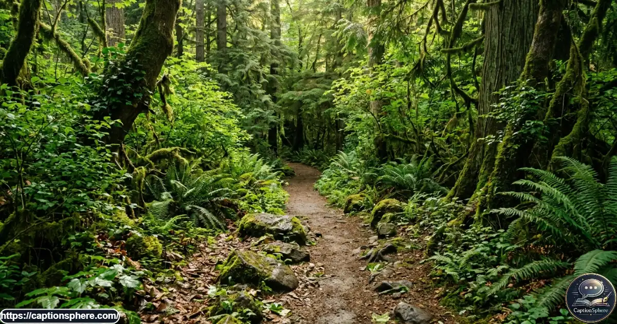 Sunlight filtering through dense green forest foliage along a peaceful walking trail.
