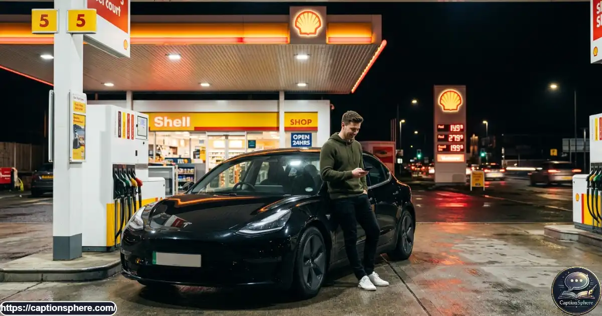A stylish car parked beneath glowing gas station lights at night.